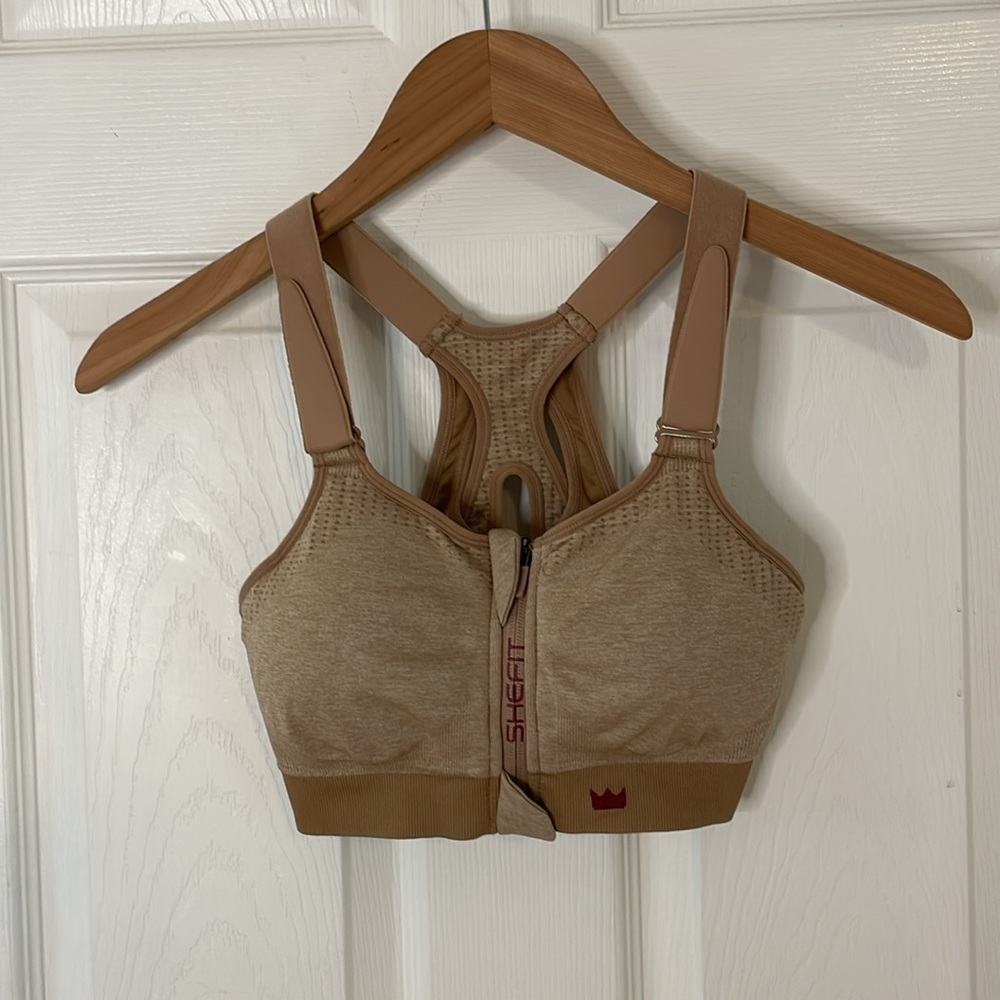 SHEFIT Low Impact Sports Bra Front Zipper Heather Tan Size Size Small